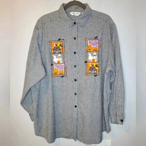 Victoria Jones Wmn 26W Halloween Black White Gingham button-up Novelty Shirt Top